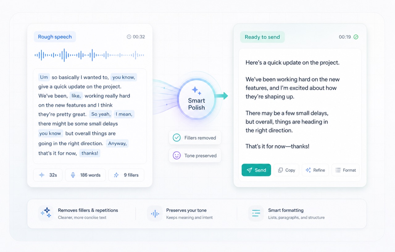 Echo Smart Polish product interface transforming rough speech into ready-to-send text