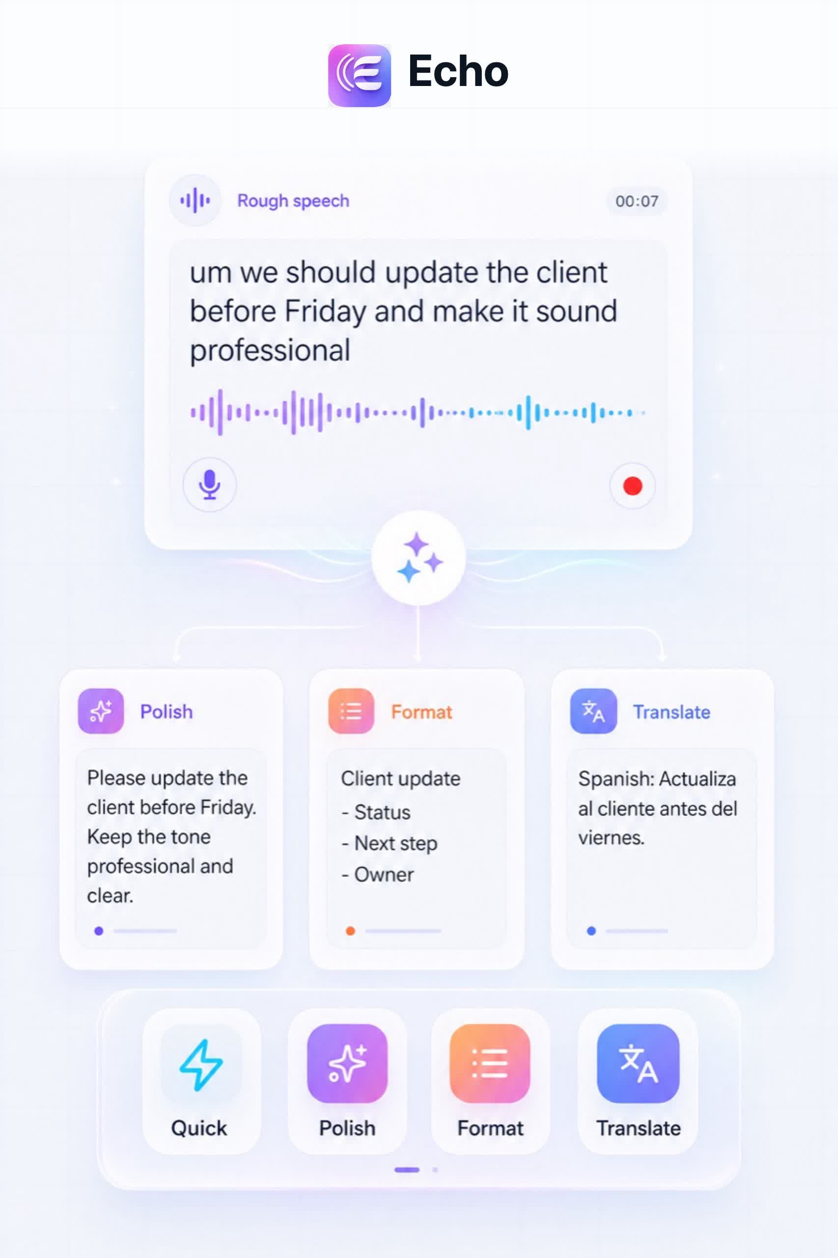 Echo AI Cleanup controls for Quick, Polish, Format, and Translate