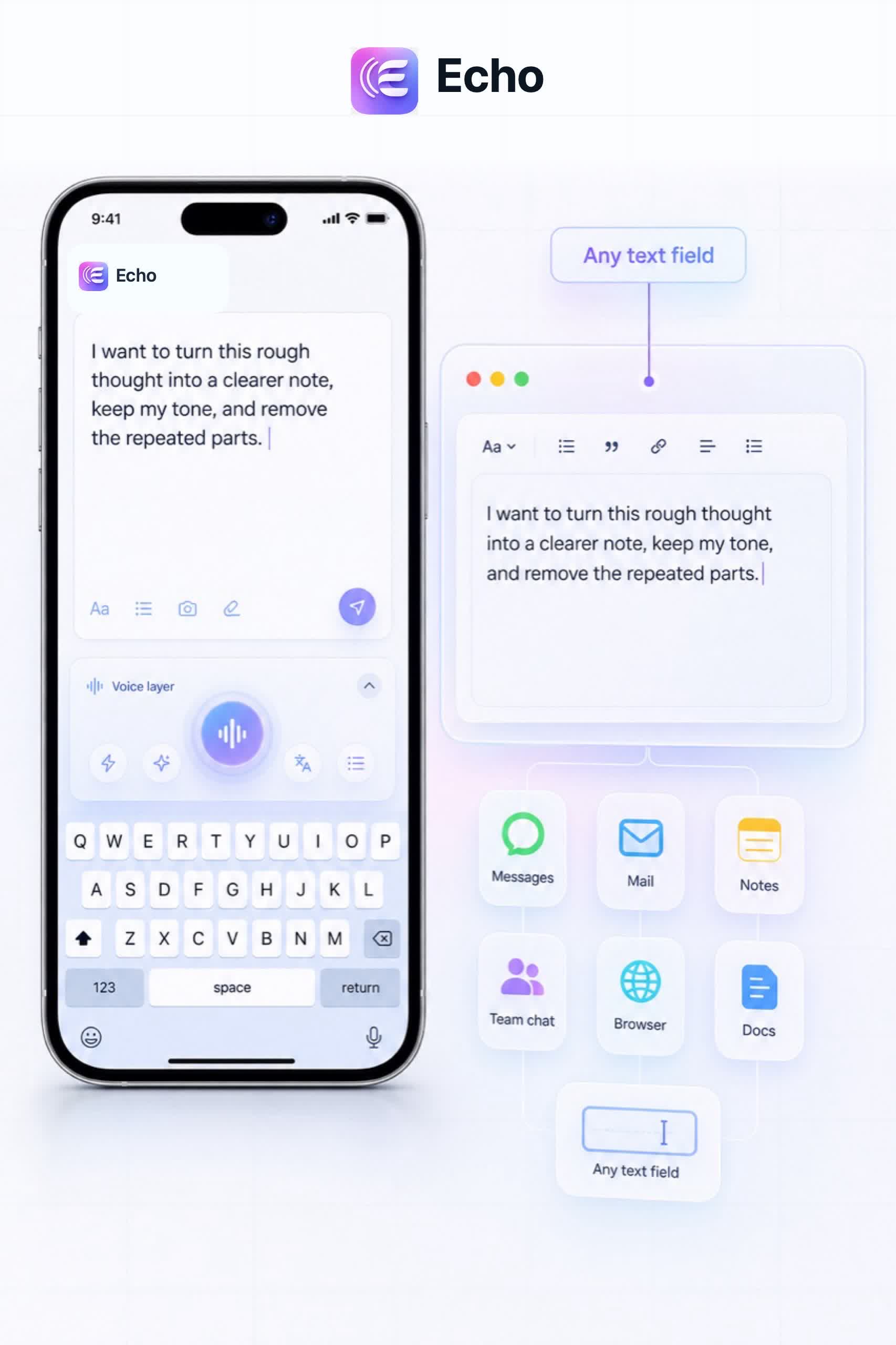 Echo voice layer working in any text field across iPhone keyboard and desktop writing surfaces